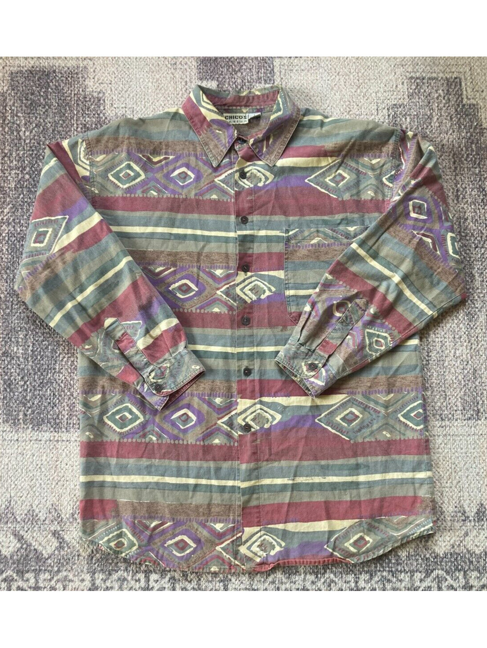 VTG Chico's Design Sz 1 Womens Long Sleeve Loose Shirt Western Tribal Print 90's
